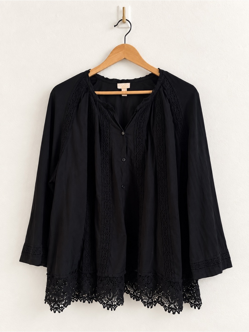 LOGO Lori Goldstein Lavish Black Lace Trim Tunic Blouse Top 2X Plus Size Boho